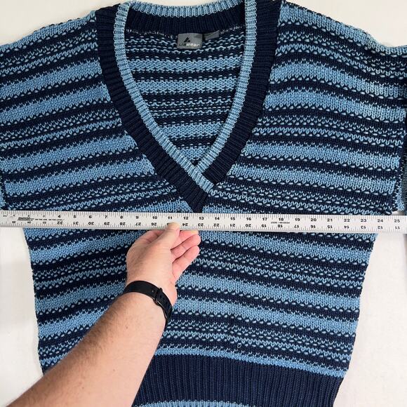 Liz Wear Cotton V-Neck Sweater Woman's Large Open Knit Made In USA Blue Stripe - Picture 5 of 8